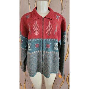VTG ROBERT SCOTT WOMEN'S 100% LAMBSWOOL GRAY/RED FULL ZIP SWEATER JACKET XL # 28